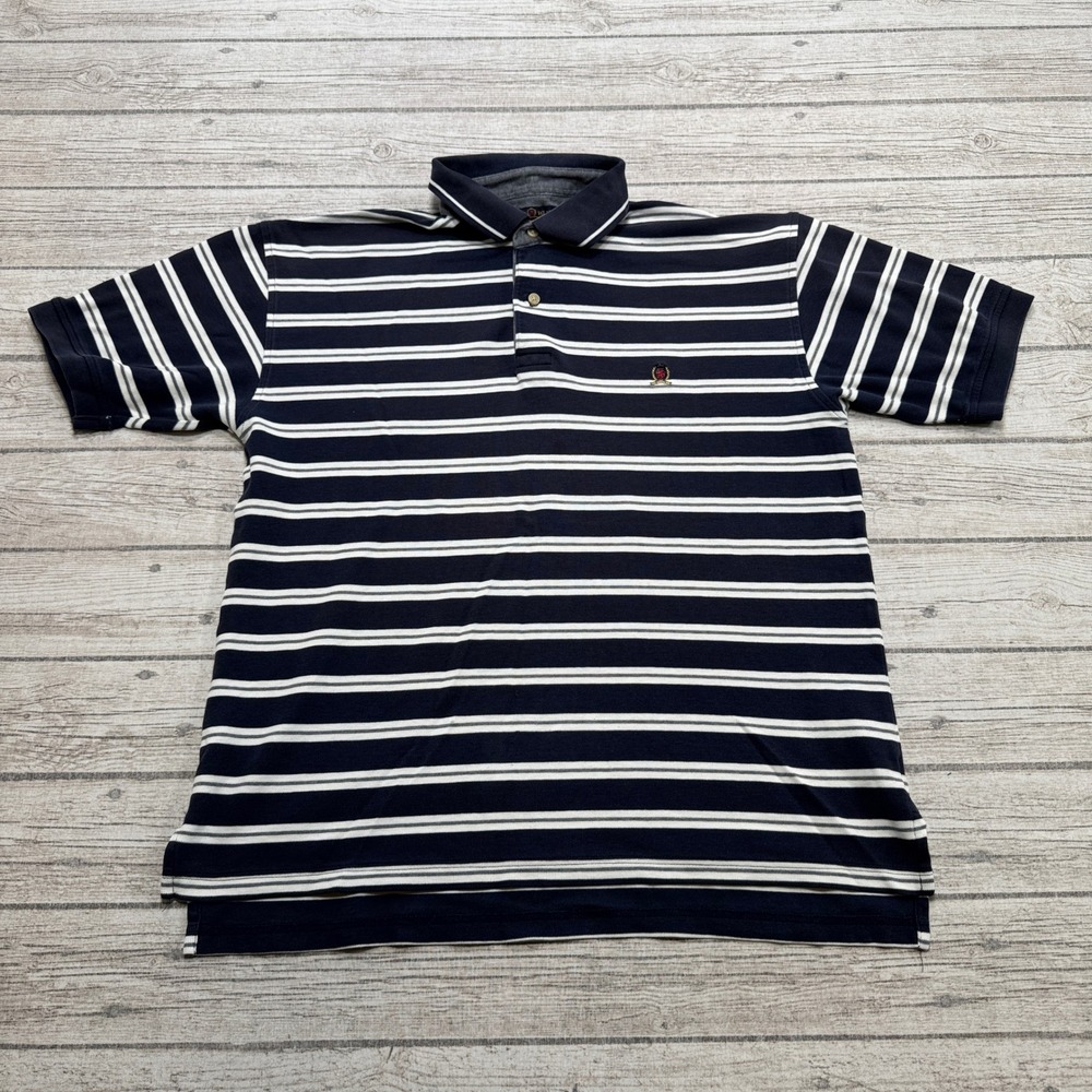 Vintage Tommy Hilfiger Polo Shirt Men's Large Blue White Striped Short Sleeve